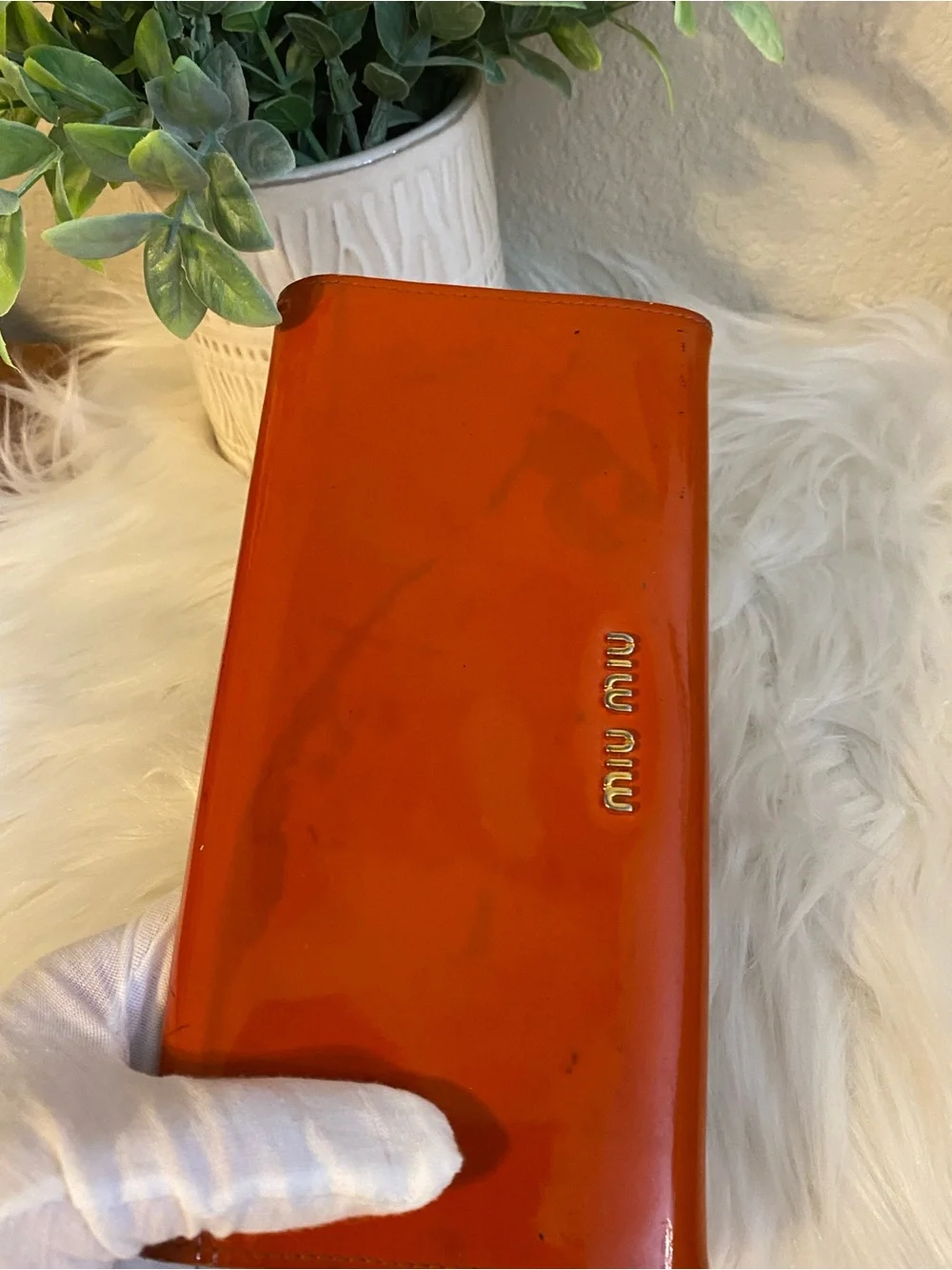 Miu Miu Patent Leather Bow Accent Long Wallet — Orange
